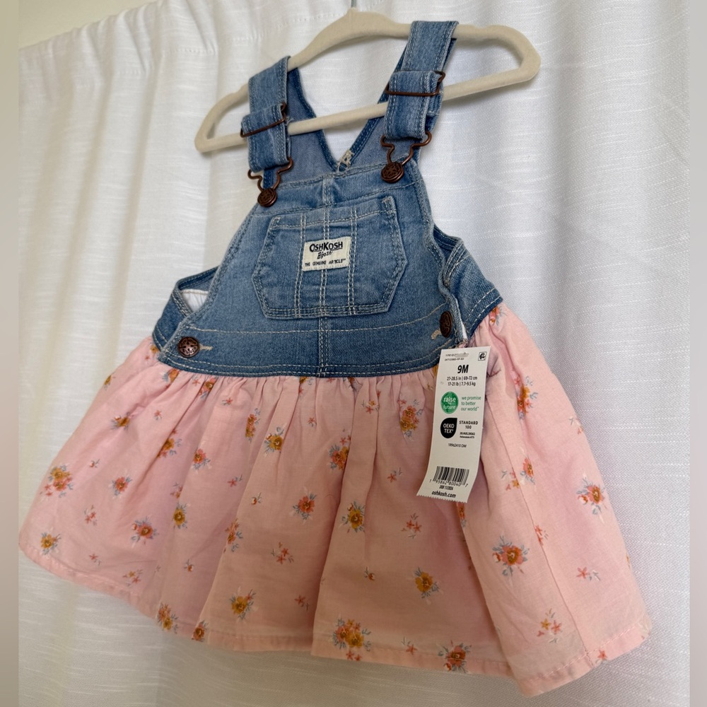 OshKosh Baby Girl Denim Overall Dress Pink Floral Skirt | NWT Size 9M - Picture 5 of 11